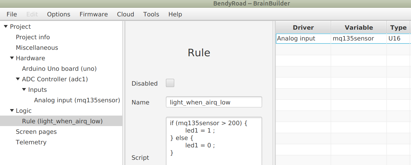 MQ gas sensor logic rule in BrainBuilder