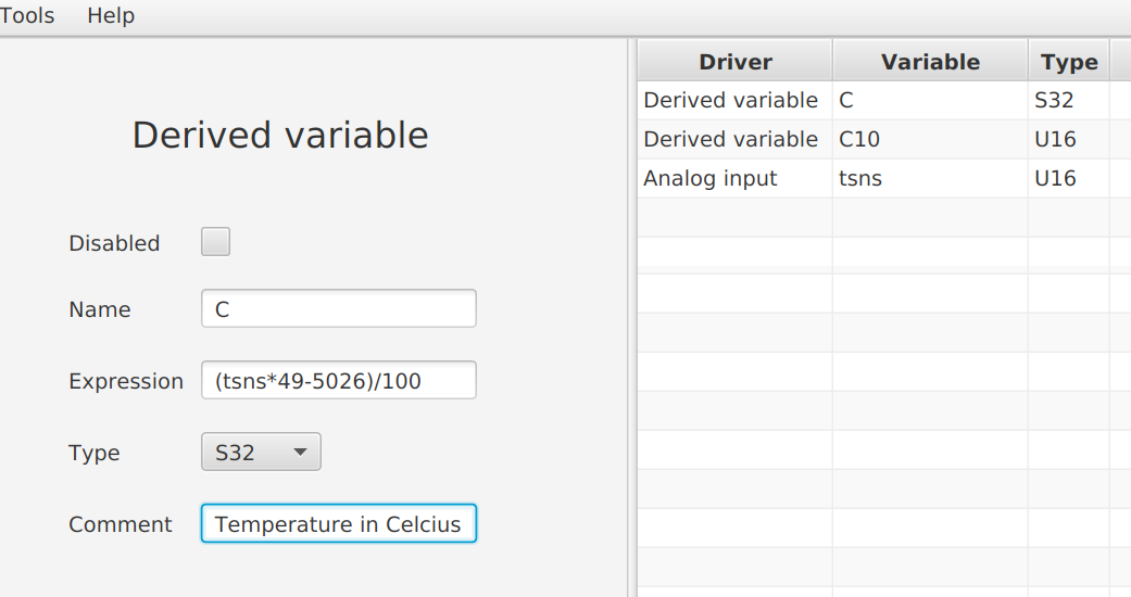 TMP36 temperature sensor in BrainBuilder - derived variable